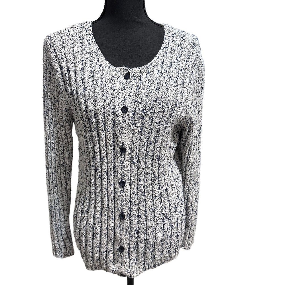 Vtg Talbots Silk BlendCardigan Sweater Medium Blue White Marled Long‎ Sleeve